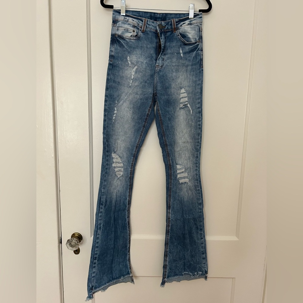 Blue Distressed Flare Jeans